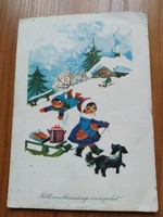 Retro karácsonyi képeslap, rajz: Tomaska Irén