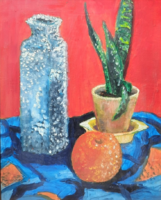 Still life with tiger leaves, glass and apple (oil, wood fiber, frame 50x40 cm) color table picture