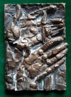 József Somogyi: hands with candle, bronze relief, relief, plaque