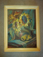 Ujházi Péter: "Csendélet virággal és körtével", festmény, olaj, farost, 76x50 cm+keret