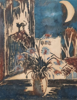 András Vince: still life in moonlight (linocut, 16x13 cm, miniature) flower in the window