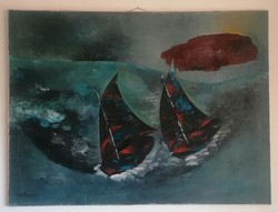 Sailboats. Signed, exhibited oil painting. About 1950.
