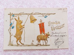 Régi húsvéti képeslap 1903 dombornyomott aranyozott levelezőlap nyúl bárány harang