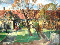 Udvary Pál (1900-1987): Lakásom kertje - olaj-vászon festmény, eredeti keretezésű