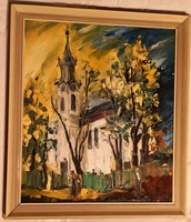 Fk/134 - painting by marked artist (I think tibor platzner) - in front of the church