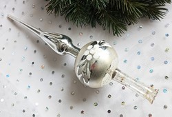 Régi ezüst festett üveg karácsonyfa dísz csúcsdísz 22cm