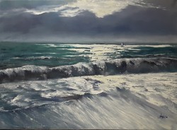 Antyipina Galina: Éjszakai tenger, olajfestmény, vászon, festőkés. 50x70cm