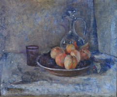 Antique fruit still life with jug painting, oil on canvas, frame 45 x 53 cm, jbl.,