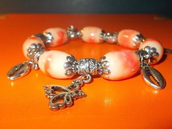 Marbled pearl Tibetan silver bracelet - pandora nature