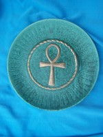 Decorative plate with ankh-cross motif. Flawless, marked, beautiful piece. Painted, gilded faience,