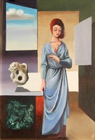 József Farkas: muse with meteor, 1980s - surrealist painting, framed
