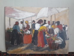 Zsibongó piac - olajfestmény életkép 48x35,5 - nyüzsgő tömeg, színes jelenet, virágárusok