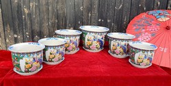 6 db-os régi kínai porcelán virág kaspó szett alátét tányérokkal