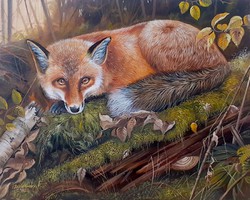 Dabronaki fox leaning on 40x50cm oil on canvas painting