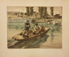 Paul Udvary / fishermen, colored etching.