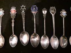 Old, beautiful, ornate, silver-plated, silver-plated souvenir spoons, coffee spoon collection, 11 pcs