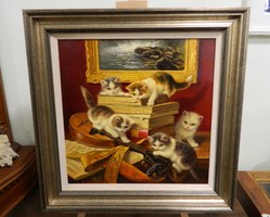 Bert Notenboom (1942-2011) Játékos macskák- Világhírű holland festő festménye