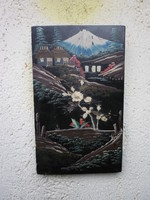 Antik, 19.sz vége, japán festmény "A Fuji lábánál II." Kézzel festett, csont berakásos. Ritka