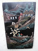 Antik, japán festmény "A Fuji lábánál I." Kézzel festett,csont berakásos alkotás. Ritka