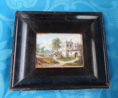 Antique Biedermeier painting in original thick wooden frame
