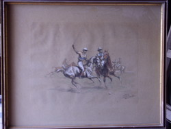 Lovaspóló (vegyes technikájú rajz, üvegezett keretben, 58 cm x 46 cm) (aukció!)