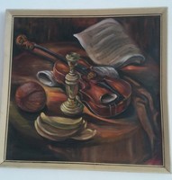 Asztali csendélet hegedűvel - olaj / vászon festmény - nagyobb méret kb 80 cm * 80 cm