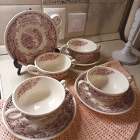 4 English soup bowls with plates