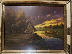 Landscape painting, oil, wood panel, mirrored frame, size indicated!