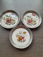 3 pcs faience coasters with metal edging