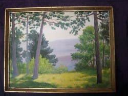 Magyar festő XX sz. első fele: Park (Nyári fények)  Olaj,papírlemez, 40 x 50 cm. Jelzés nélkül. aran