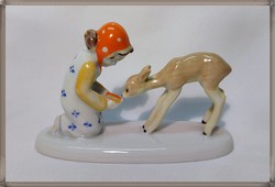 Ritka, Metzler & Ortloff porcelán őzet etető kislány figura
