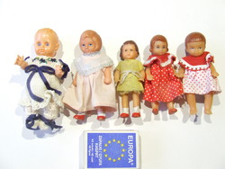 Régi, retró bájos picike, mini babák eredeti ruhában, szép állapotban -5 db baba egyben