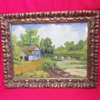 Rural landscape oil cardboard glazed painting.