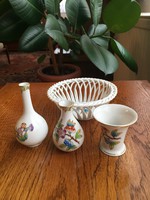 Viktoria mintás herendi porcelán vázácskák és fonott szélű kerek tálka