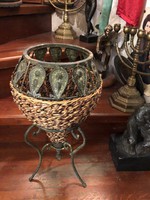 Old flowerpot, braided reeds, wrought iron, 45 cm high.