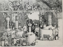 Copper engraving of Csaba Rékassy (1937-1989) brandy distillery (1970-1971) / 28x37 cm /