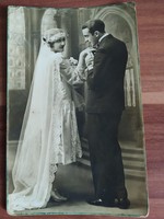 Antik esküvői fotó képeslap, bélyegezve: 1948