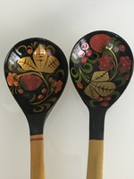 Hand-painted Russian wooden spoons with labels, new condition, 33 and 34 cm long