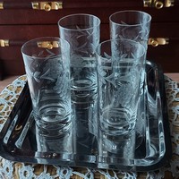 Old, lip glass factory 1950s polished / engraved / bunch of grapes patterned water glass, wine glass