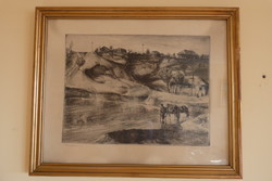Paul Udvary: Albertfalva lake, etched glazed frame