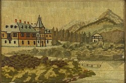 1H093 old framed needle tapestry mountain waterfront house