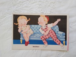 Régi grafikus gyerekmotívumos képeslap, gyerekek, 'Imádlak' felirat 50-es évek