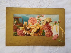 Antique long-engraved Art Nouveau gilded litho / lithographic postcard with flowers / sunflowers circa 1900