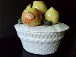 Vintage jelzett kerámia nagy gyümölcsös fedeles tároló edény tál