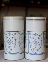 Zománcos konyhai tároló edények, immortelle szalmavirág dekor a Jäger Original Sachs Blau mintája