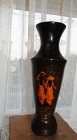 Vietnamese hand painted black lacquer coated wooden vase