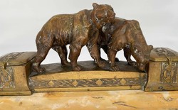 Nagyméretű Szecessziós Kalamáris, Tintatartó bronz medvékkel