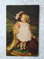 Antique graphic children's motif postcard / art card little girl, dog, Bernáthegyi 1917