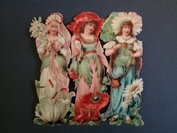 Antik szecessziós dombornyomott attraktív préselt kép pipacs liliom margaréta hölgyek
