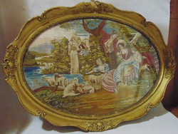 Antique romantic needle tapestry mural in blonde frame 77 x 57 cm.